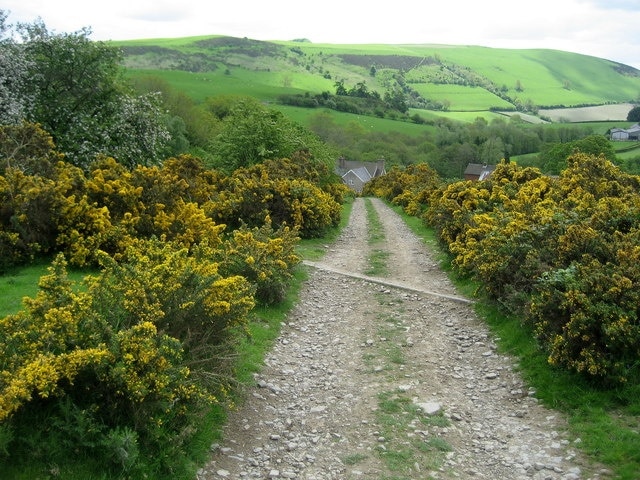 Offa's Dyke Trail above Garbett Hall Shows the trail with Garbett Hall and Cwm-sanaham Hill behind.