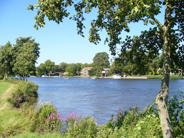 Cookham Reach Stretch of the River Thames, west of Cookham Bridge. The far bank has many exclusive riverside dwellings.