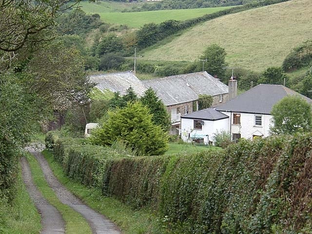 Marhamchurch Foundry. Looking down the lane which runs parallel to the course of the Marhamchurch incline plane. The buildings at the bottom were once a foundry.