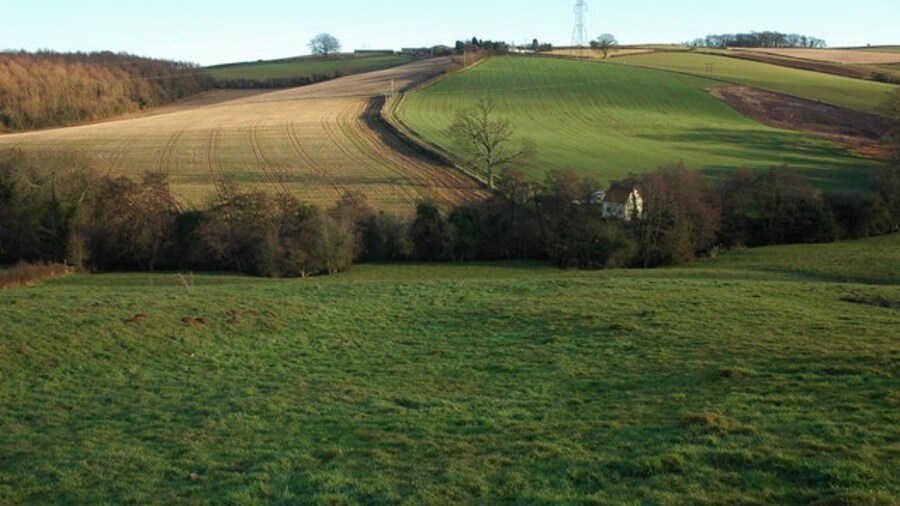 Photo "Farmland below Ramsden Farm In the bottom of the valley is Tar's Mill Cottage. A footpath descends to the cottage and then climbs the opposite side of the valley, firstly through a field and then it follows the track up to Ramsden Farm on the skyline." by Philip Halling (Creative Commons Attribution-Share Alike 2.0) / Cropped from original