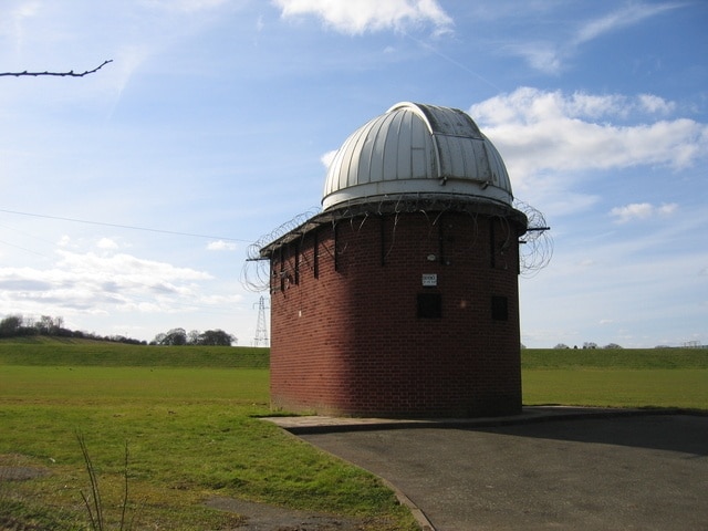 Fortified observatory, Wast Hills This observatory is on the edge of the playing fields and other grounds owned by Birmingham University. It seems to be heavily protected by razor wire and behind a gate with hefty ironwork, presumably to keep out the local n'ere do wells.