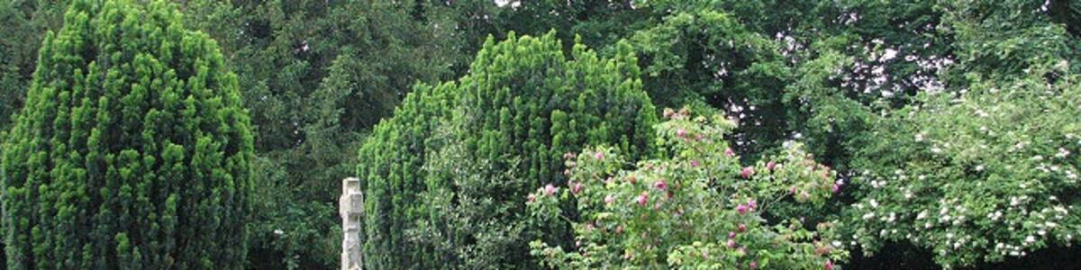 Photo "St Peter's church - churchyard. St Peter's church > 845887 has its C13 tower offset and located at the west end of the south wall, rather than at the west end of the building > 845894 - a peculiarity that a number of other churches in the area share. The nave was destroyed and the chancel defaced by fire in 1867 and as a consequence not many details of the old church have survived > 845909 - 845949. The arched tomb recess in the north nave wall is a C19 copy > 845912. The Victorian font is made of shiny dark Porphyry marble and decorated with an etched symbol of the Holy Trinity. The east window is a memorial to the family of the Rev. Rowland Ingram and is believed to have been designed by Frederick Preedy in 1869 > 845923 - 845929. Fragments of medieval stained glass have been inset in one of the nave south windows > 845935. The church is kept locked. For more information see: http://www.norfolkchurches.co.uk/littleellingham/littleellingham.htm" by Evelyn Simak (Creative Commons Attribution-Share Alike 2.0) / Cropped from original