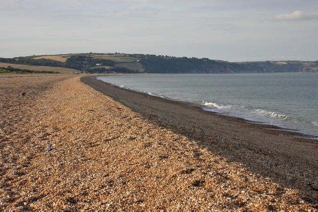 Slapton Sands, Torcross View of the shingle ridge at Torcross, Start Bay, looking towards Strete. The ridge separates the lagoon known as Slapton Ley from the sea.