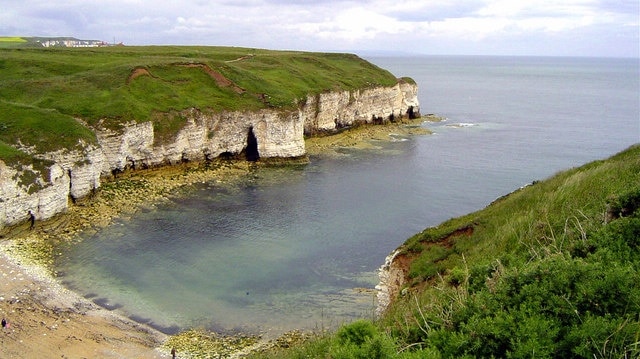 North Landing, Flamborough, East Riding of Yorkshire, England. The North Landing, Flamborough Head. Excellent for exploring caves when the tide is out. You can just make out Bempton Cliffs in the far top left of the photo.