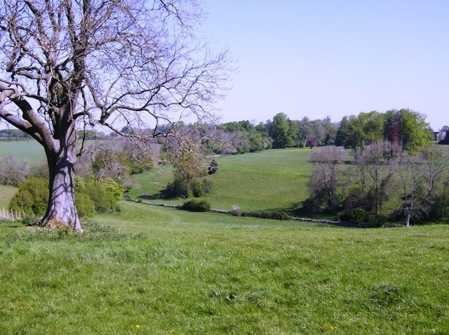 Towards Chavenage Looking north from the top of a rise on the bridleway running along the eastern side of the square. The bridleway route continues in the line of trees rising the other side of the small valley, and leads past Chavenage House (in the top right of the picture and in the next square).