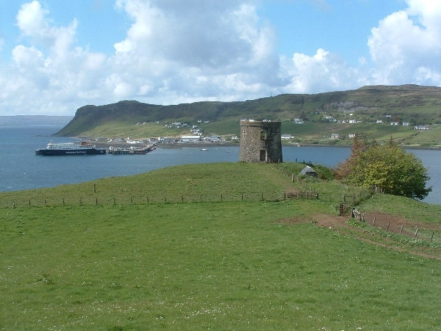 Tower overlooking Uig, Skye. Another of those stopping 2/3 of the way as you cycle up a hill photographs, the Uig - Harris ferry can be seen in the background