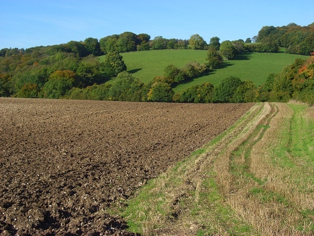 Farmland, Radnage Arable land with pasture rising to Hedgerley Wood. Ploughing was still underway in this extremely large field that stretches for over 1.25 km to the northwest of Town End.