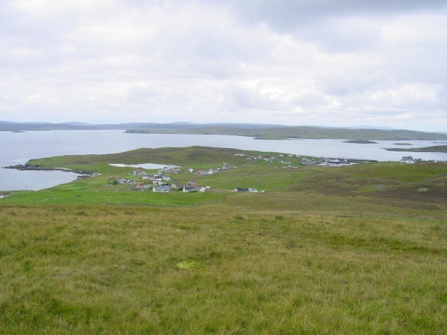 Symbister from just west of the summit at Ward of Clett. This view looking W over Symbister, was taken from just W of Ward of Clett which at 119 metres is the highest hill on Whalsay.