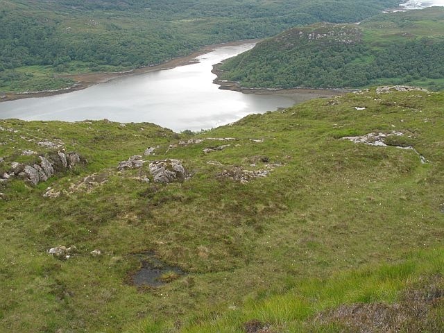 Northwest slopes of Beinn a' Bhàillidh Looking down from near the highest point on Eilean Shona to the North Channel and the inlet that nearly divides the island.