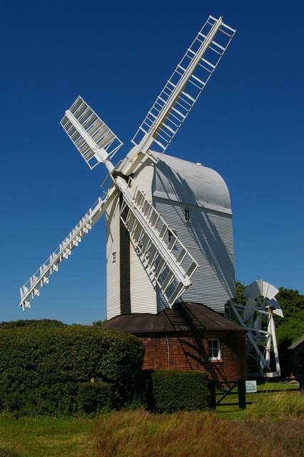 Aythorpe Mill This view of Aythorpe Mill clearly shows the fan tail that keeps the main sails pointing into the wind.