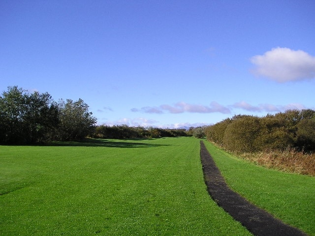 Ardeer Park. Ardeer Park, Stevenston cycle path on the right of the picture, rail line behind hedgerow to the left.