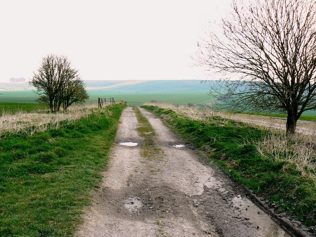 'Other route with public access', near Hackpen, Wiltshire This route is marked at the entrance off the main road as being unsuitable for motor vehicles. I've seen worse not so marked. The higher ground on the skyline is Hackpen Hill. This was a day with difficult light; hazy and flat somehow. I've tweaked the contrast and colour balance a bit with limited success.