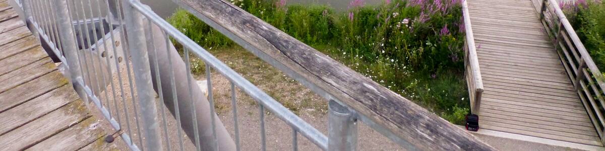 Photo "Aussichtsturm Zugwiesen; Blick von der Aussichtsplattform nach Südwesten über die Holzbrücke zum Neckarradweg" by Muck50 (Creative Commons Attribution-Share Alike 4.0) / Cropped from original