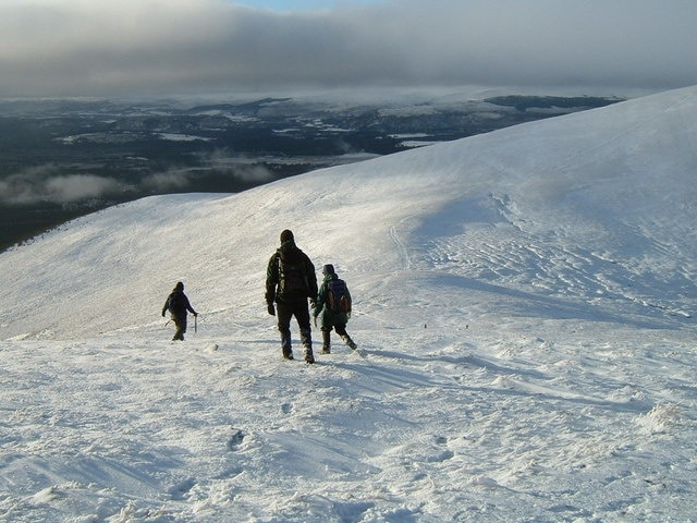 Descending to col W of Meall a' Bhuachaille A day of good snow cover; very busy in the Cairngorm ski area, but much less crowded on the neighbouring hills.