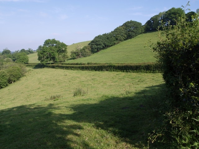 Northern slopes of Lyd valley A green lane cuts across the south-facing fields above the River Lyd between Sprytown and Lifton. Seen from Stowford Footpath 13.