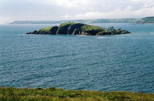 Burgh Island from the South West Coast Path. A view from the path between Thurlestone and Bantham. The island stands in Bigbury Bay