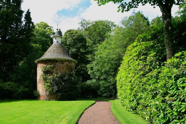 Longformacus House Doocot Early to mid 18th century circular red sandstone doocot with conical roof, surmounted by conical, timber drum with arched pigeon openings. It has been reported that there are 490 wooden nests inside. It is thought to be contemporary with the nearby Longformacus House