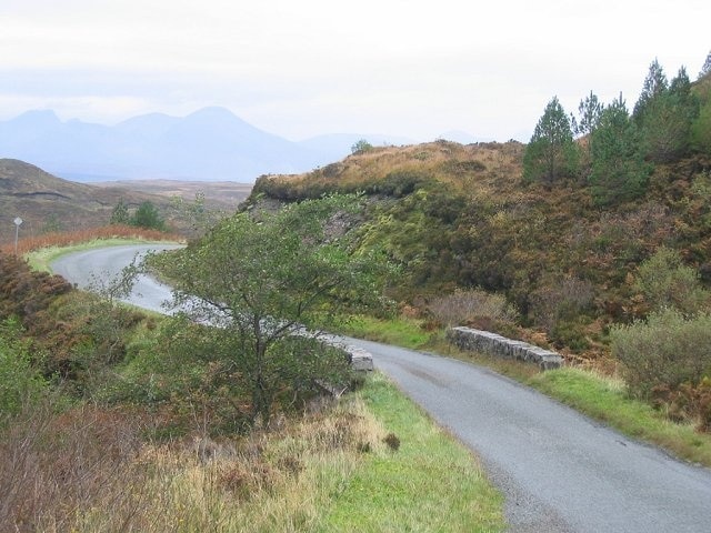 Glen Arroch. The new scots pine woods beside the old road to Kylerhea. Beyond, Bla-bheinn.