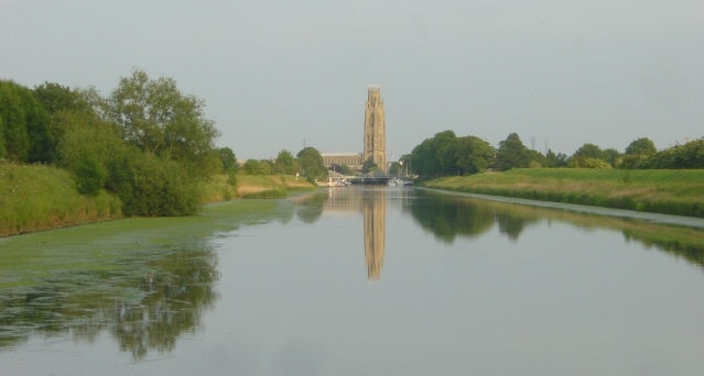 River Witham near Boston. Looking south-east along the River Witham Navigation towards Boston, Lincolnshire, with St Botolph's Church ("Boston Stump") dominating the horizon.