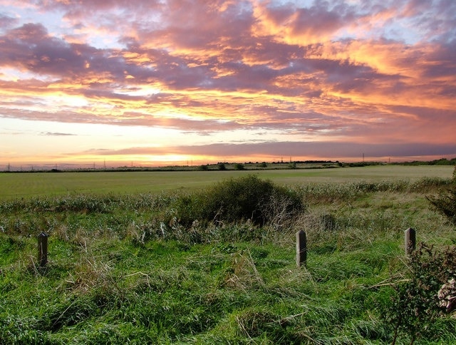 Sunset over Battlesbridge. Evening view from the car park at the end of Marsh Farm Road. The pylons can be seen on the horizon, these trace the B1012.