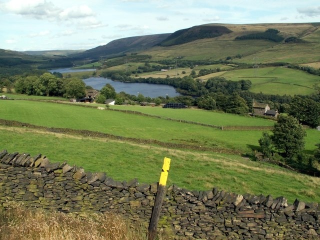 Two Reservoirs Valehouse and Rhodeswood, Townhead Farm can be seen left of the reservoirs. Bleaklow Plateau and Bramah Edge can be seen centre skyline.