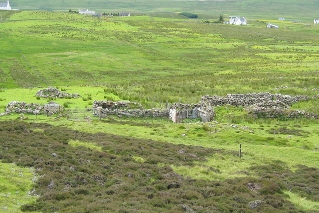 Sheep fanks at Kilvaxter One of several large sheep enclosures ranged along the bottom of the hill to the east of Kilvaxter.