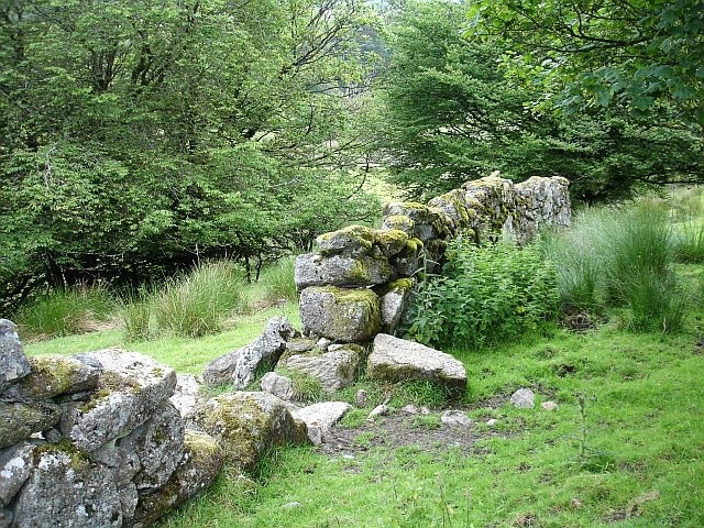 Dry stone wall near Two Bridges. The walls around here seem remarkably narrow, just one stone thick. The West Dart River flows at the foot of the slope to the left.