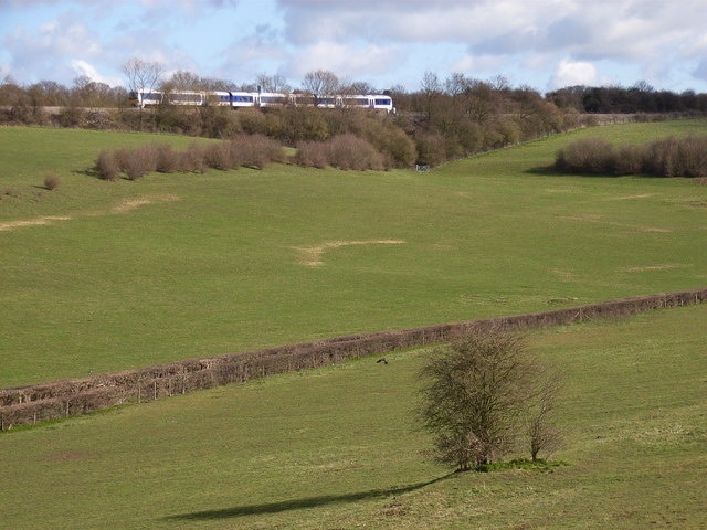 Railway above Holtspur Bottom. A view across the bottom to the Chiltern Line between High Wycombe and Beaconsfield.