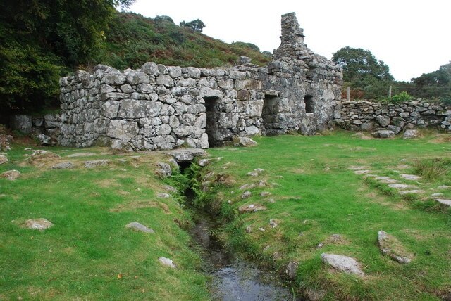 Ffynnon Gybi Llangybi St Cybi's Well. The water from the well flows out of the well building. see 554293