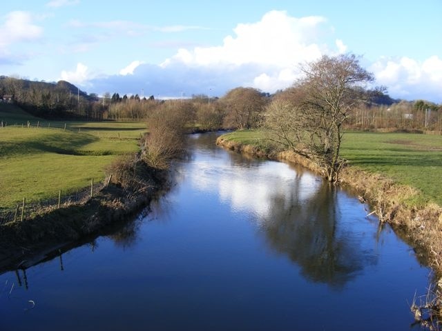 Afon Gwili (Looking North) View of the Afon (River) Gwili looking north from the Abergwili road bridge. The bridge carrying the A40(T) over the Gwili is at the top of the picture