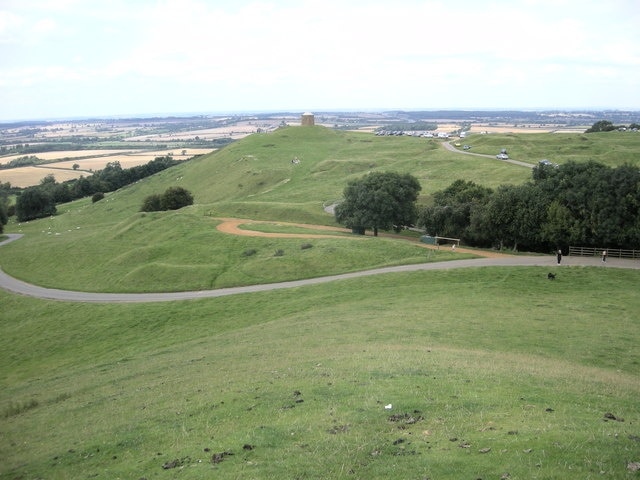 Burton Dassett Hills Looking from Magpie Hill towards Windmill Hill showing the road going downhill to Little Dassett.