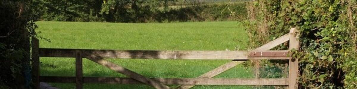 Photo "Hen and gate, Meeth The end of a short field access track off the A386 at the northern edge of Meeth." by Derek Harper (Creative Commons Attribution-Share Alike 2.0) / Cropped from original
