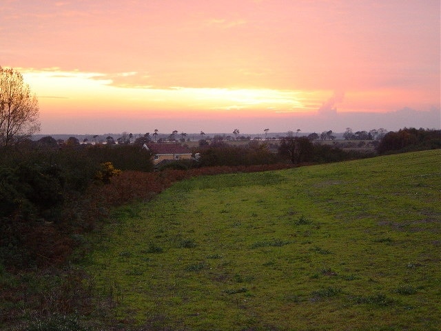 Sunset over Hazelwood Marshes, Aldeburgh, Suffolk. Looking south-west from car park at Hazelwood Common towards the marshes (TM4357)with River Alde in background