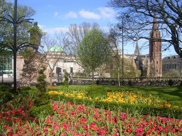 Spring in Aberdeen City Centre. It has been a late spring this year but the leaves are finally beginning to appear on the trees. These gardens are located in a triangle of land opposite His Majesty's Theatre. The ruins of the Triple Kirks can be seen as well as the 1888 statue of William Wallace.