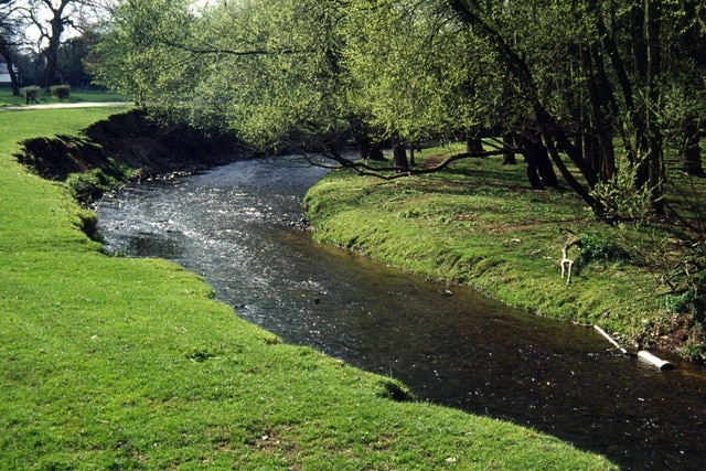 River Bollin, nr. Prestbury. Looking upstream towards Prestbury village.