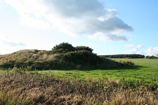 Otterford: Robin Hoods Butts. A tumulus stands by the road to Churchingford with another by the wood beyond. Looking north-north-west