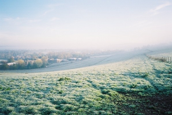 Frosty Prospect Hill. The frosty rooftops are those belonging to Chelton Avionics, in the north of the grid square.