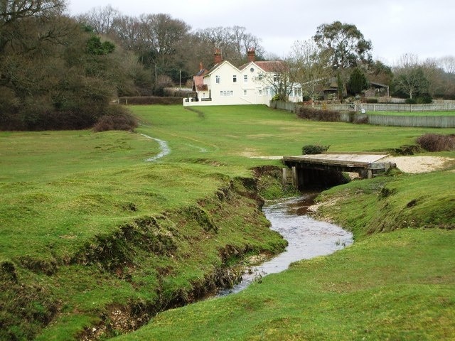 Crossing Dockens Water, Fritham Having taken the road South of Fritham and past the cottages we then cross Dockens Water near the South Bentley Inclosure.