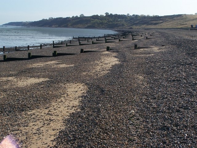 Groynes at Minster towards Royal Oak Point Area of high coastal ground erosion.