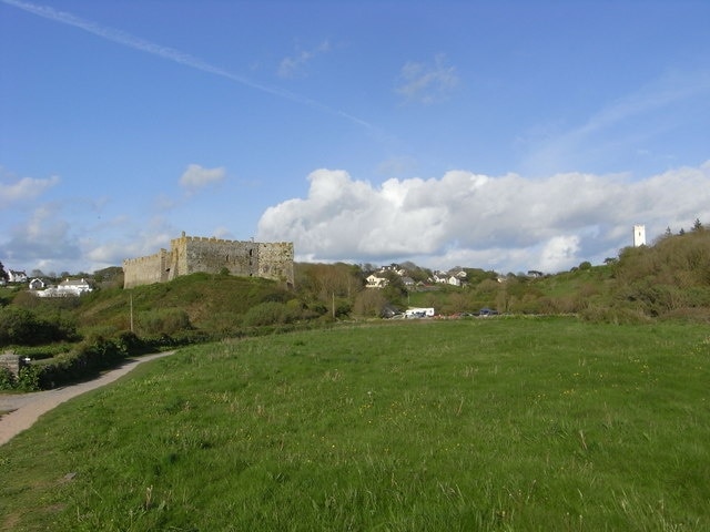 Manorbier Castle and church From the path to the beach.
