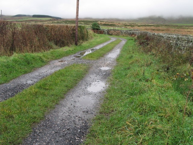 Fell Lane Bridleway leading towards cloud-covered and wet Waberthwaite Fell.