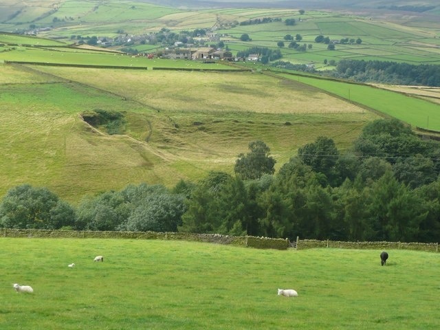 Disused quarry at Moss Edge, Cartworth Moss Edge Farm is on the ridge. The trees are at the upper end of the wooded valley of Dobb Dike.