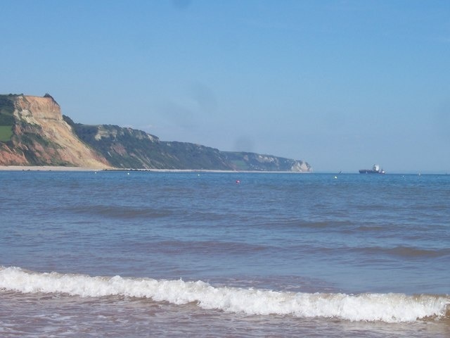 Sidmouth : Jurassic Coastline View from the beach at Sidmouth looking east across the Jurassic Coastline and the MSC Napoli which became stuck.