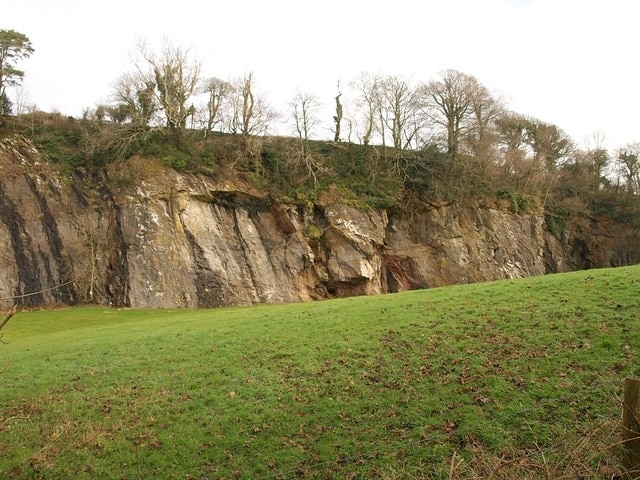 Hazard Quarry. Right beside 1165094, and described in detail at http://www.devon.gov.uk/geo-HZQ.pdf . "Medium sized limestone quarry. 200m long face and some smaller exposures. Quarry floor infilled and grassed over. A County Geological Site ... The quarry exposes a range of interesting geological features. The association of the quarry with the original lime kilns is a feature of historical interest. The rocks present are limestones, overlain by volcanics forming a 30m high face. Fossil corals and stromatoporoids are present at the base. Small caves and other solution features are preserved." The face has been used for climbing in the past.