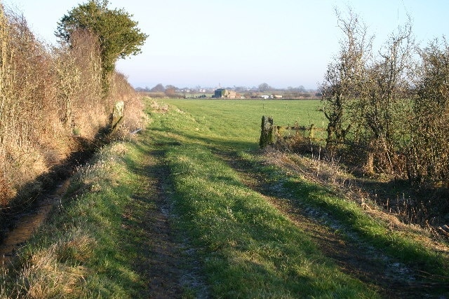 Track End. A substantial track leads into a large, rectangular field, which has subsequently been bisected diagonally by the railway line - hidden from view. The farmhouse in the distance is on the other side of the line.