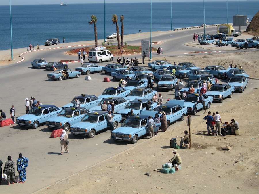 Moroccan taxis in the border of Spain near Ceuta