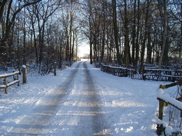Norsey Woods Entrance in the snow! This is a picture of Norsey Woods Entrance looking north east. It was a beautiful day - crisp snow underfoot - nearly six years ago now.