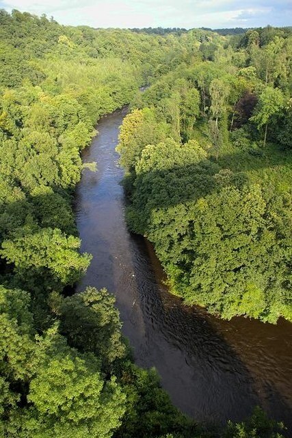 View east of Newbridge Viaduct (A483) With the River Dee in full spate, 40 metres below.