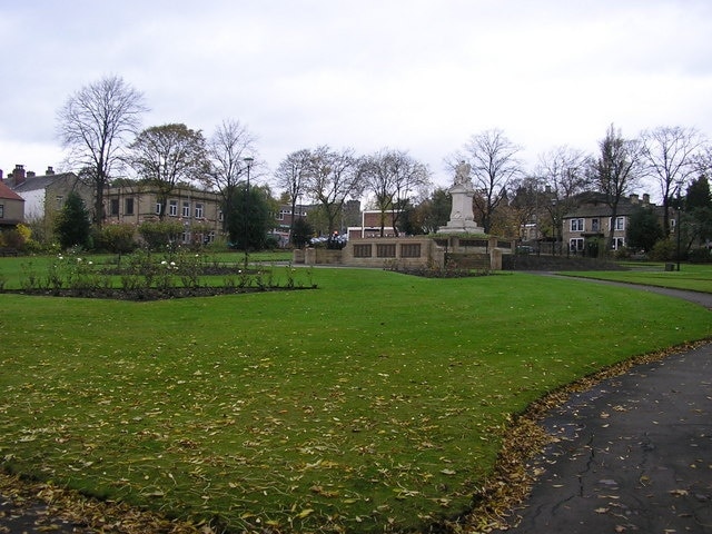 Cleckheaton Memorial Park With the magnificent War Memorial. Viewed from the Dewsbury Road entrance, by the bus station.