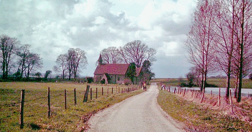 View along lane to St Leonard's Church, Hartley Mauditt, 1963. View NW by Hartley Pond, by Hartley Park. Spring seemed reluctant that year.